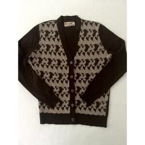 VTG Pringle Cardigan Sweater Men M Brown Lambswool V Neck Geometric Scotland